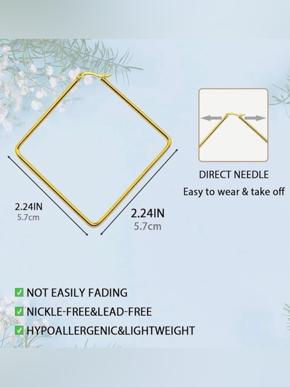 57MM Gold Plated Square Hoop Earrings - Picture 4 of 4